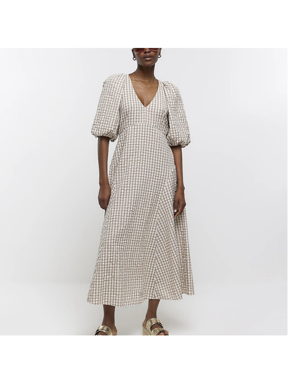 River Island Womens Gingham Puff Sleeve Midi Dress Size 6 Beige Prairie Country